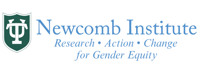 Logo reading "Newcomb Institute - Research Action Change for Gender Equity" on the left side is the Tulane sheild logo in green with the letters "TU"