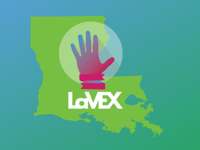 Map of Louisiana with "stop" hand with the words "LaVEX" in White
