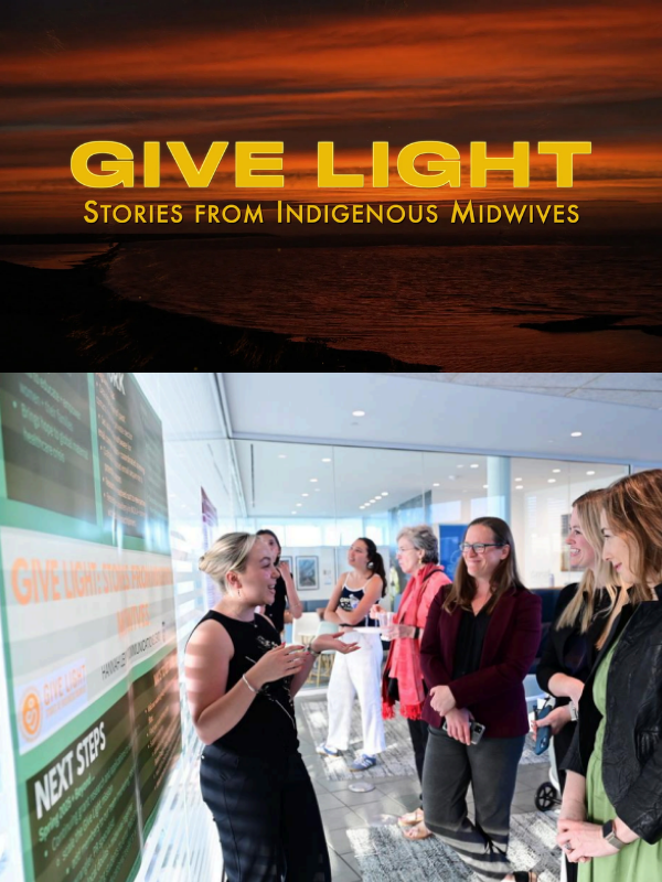 A girl gives a presentation next to a poster under the logo for Give Light