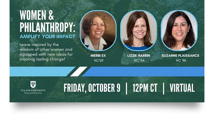 Graphic: Women &amp; Philanthropy: Amplify Your Impact event with speakers. Oct 9, 12PM CT.
