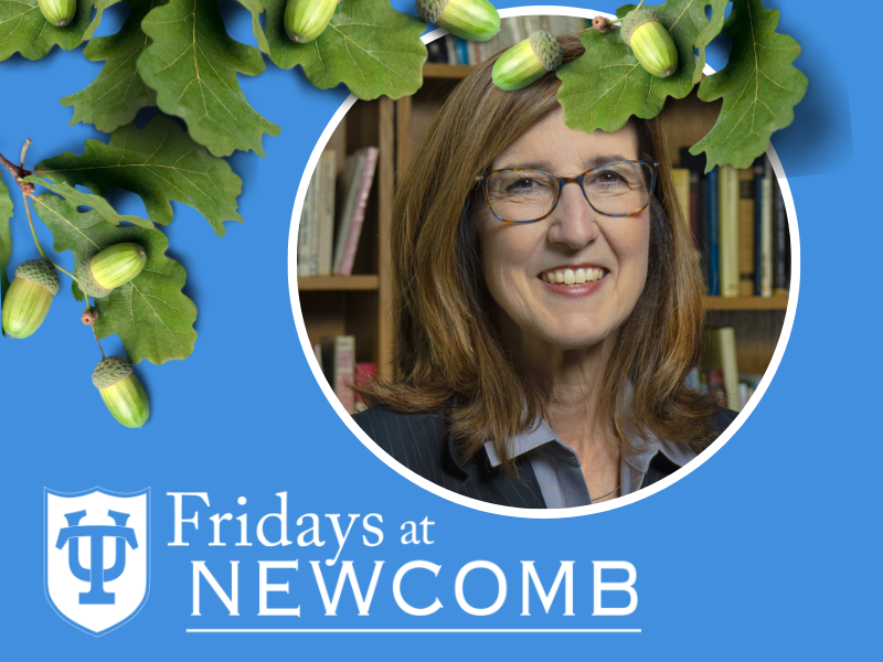 Photo of Nancy Niemi in blue frame with oak leaves and the words Fridays at Newcomb