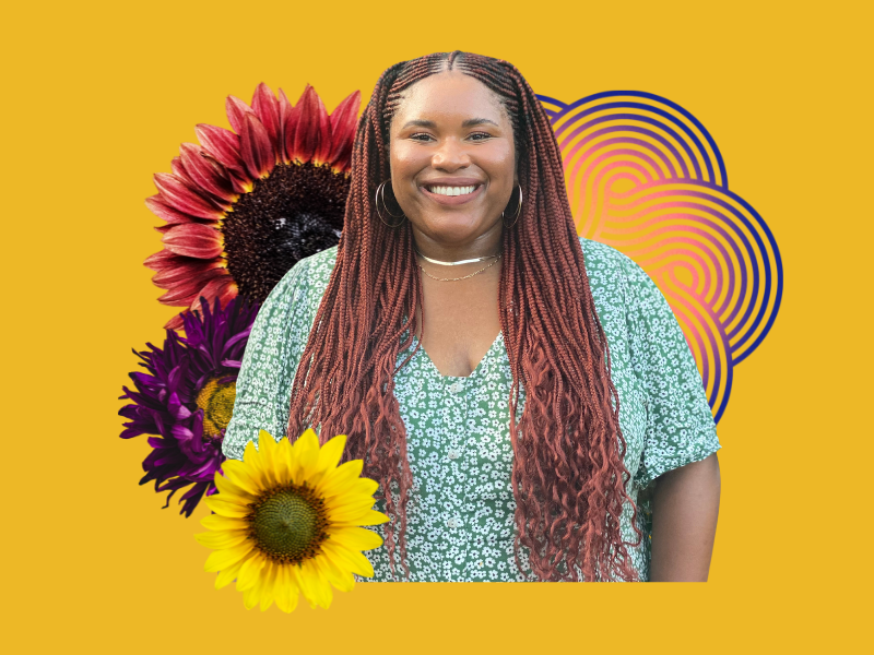 Collage photo of Sarah Jones surrounded by flowers on yellow background  