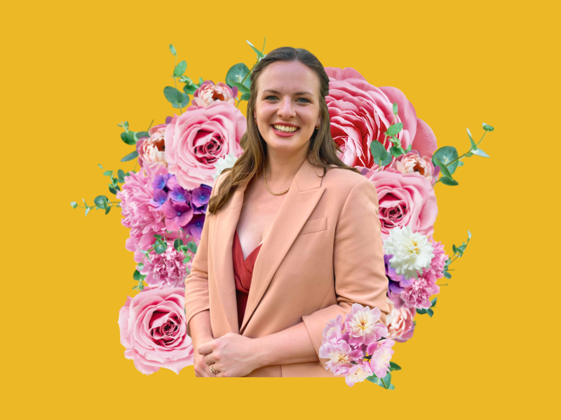 Collage photo of Hannah Novak surrounded by flowers on yellow background  