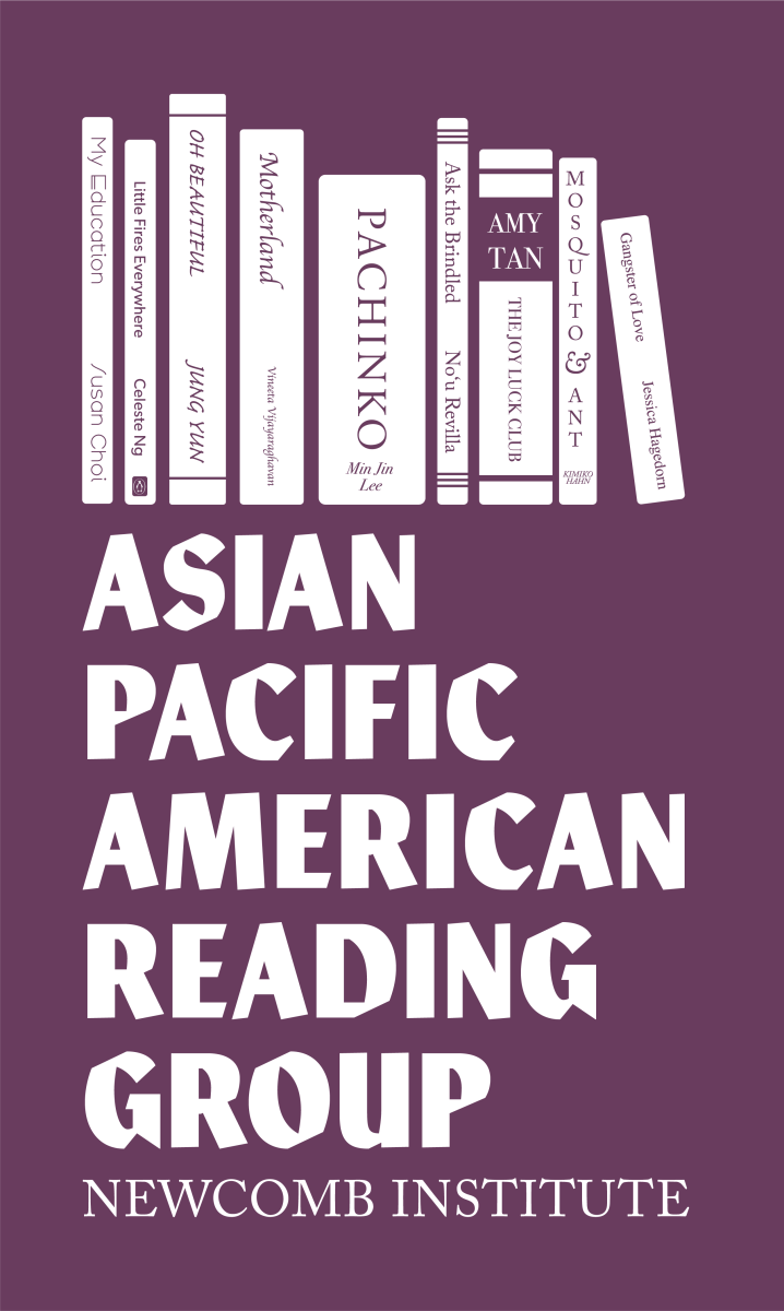Asian Pacific American Read Group written in bold letters in white on a purple background. Above it is a shelf of books.