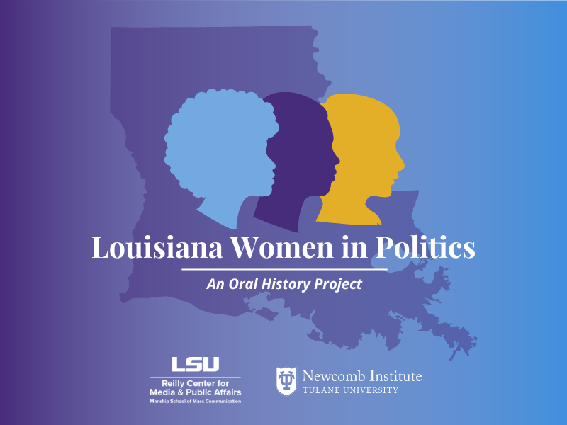 Three silhouettes in purple gold against an outline of the state of Louisiana 