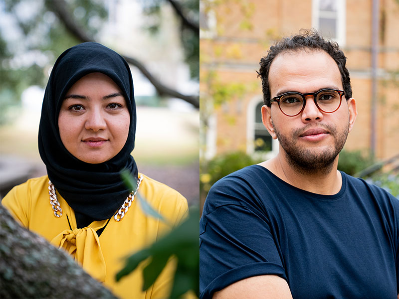 Mariam Taqaddusi and Islam Ahmed are part of Tulane's Global Visiting Scholars Program, co-sponsored by a university-wide collaboration including Tulane Global, the School of Liberal Arts, Newcomb Institute, the Office of the Provost and others. (Photos b