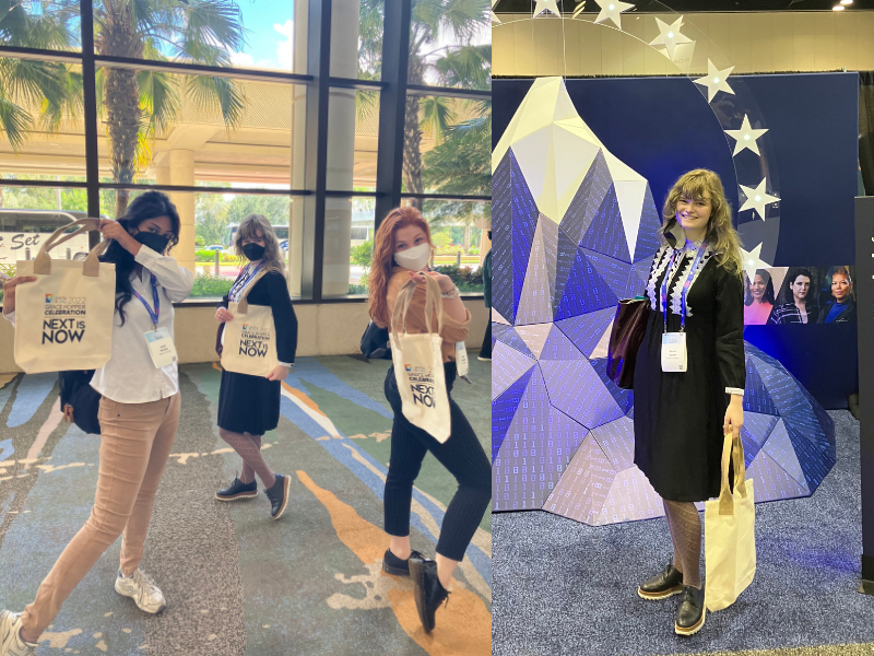 Tech Equity Students at Grace Hopper conference show off tote bags