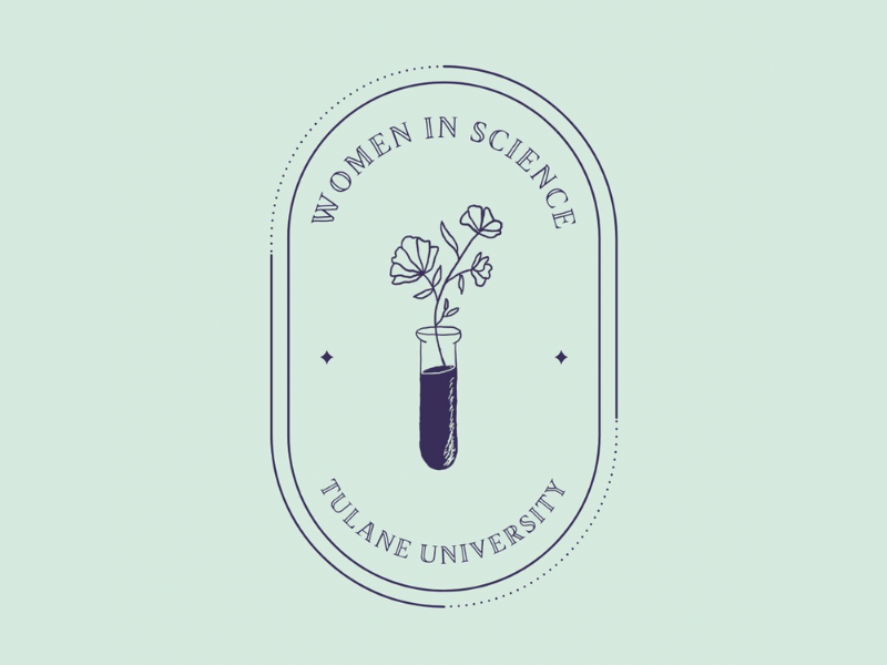 Tulane Women in Science logo - Illustration of  test tube with flowers in it
