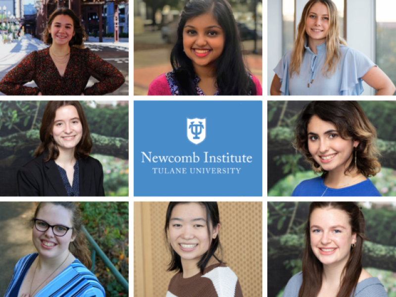 Headshot photos of eight Newcomb scholars. In the center, Newcomb Institute photo.