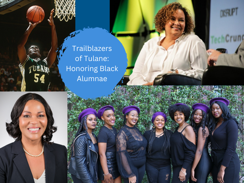 Collage of black women with a blue circle in the middle with white text on it that says "Trailblazers of Tulane: Honoring Black Alumnae"