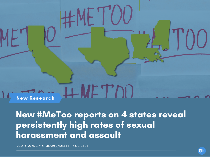 Photo of posits saying "#MeToo" on top is a blue filter and then four states in green, including California, Texas, Louisiana, and Mississippi