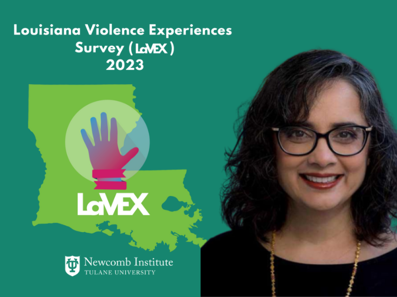 Louisiana Violence Experiences Survey 2023 Logo with Anita Raj, an Indian woman with glasses, underneath the image.
