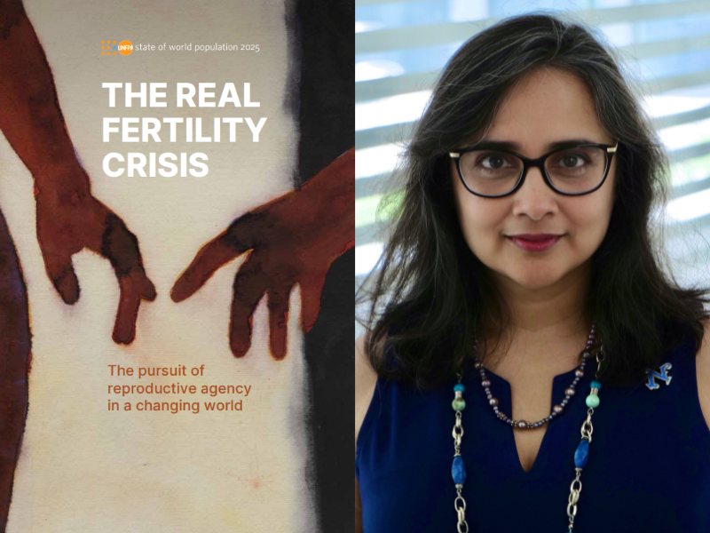 Side by side images of the cover of "the real fertility crisis" and anita raj, an indian woman in a blue shirt and glasses