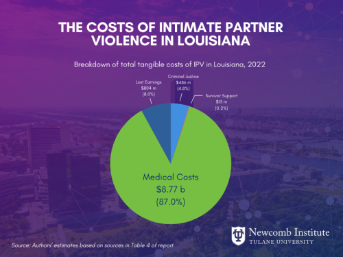 Graph with The Costs of Intimate Partner Violence in Louisiana -Breakdown of total tangible costs of IPV in Louisiana, 2022 - Medical Costs $8.77 b (87%) - ost Earnings $804 m (8.0%) - Criminal Justice $486 m (4.8%) - Survivor Support $15 m (0.2%)