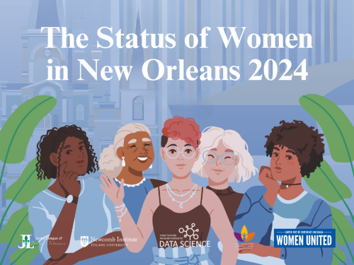 A diverse gorup of cartoon women stand under "The status of women in New Orleans 2024" with plants behind them.