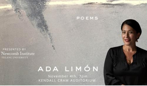 black woman with a gray background and white text "poems. Ada Limon. November 4th 7pm. Kendall Cram."