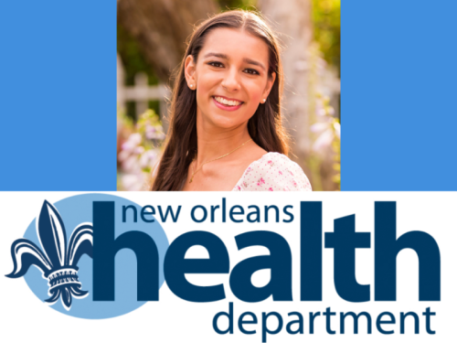 A White woman stands in front of nature. The New Orleans Health Department logo is under her picture.