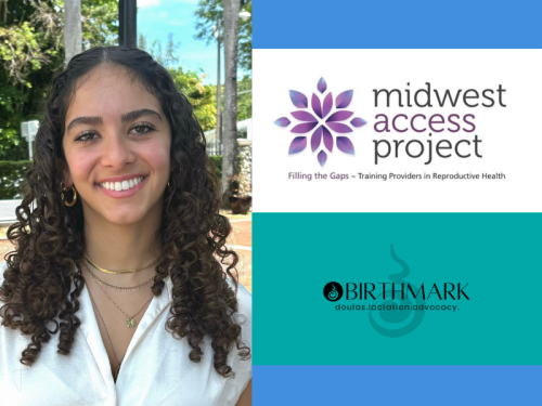 A woman stands in front of trees with the logos for Midwest Acess Project and Birthmark on the side