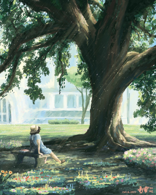 digital painting of a person sitting under a live oak tree looking away from the viewer, in the background in hazy light is a building