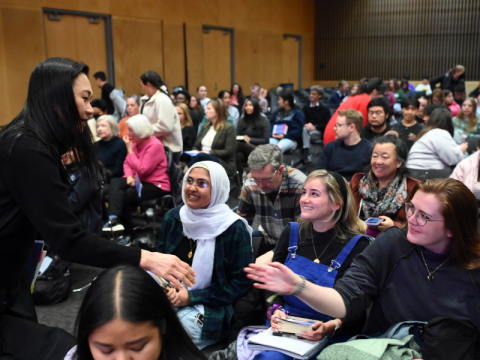 Min Jin Lee greets audience at lecture