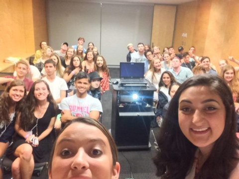 Carolyn and Simone attempting a selfie during New Student Orientation.