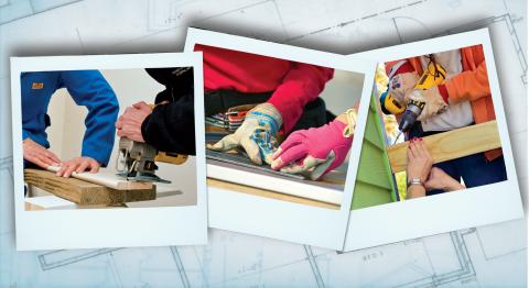 Polaroid photos of hands using power tools