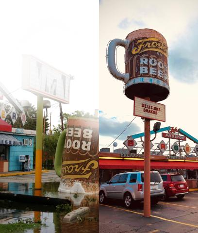 Two photos of exterior of Ted's Frostop Diner. On the left, the Frostop mug is toppled over, on the right, it stands upright.