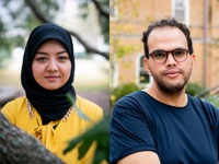 Two headshots of global scholars next to each other, photo was taken outside