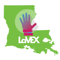 Map of Louisiana with "stop" hand with the words "LaVEX" in White