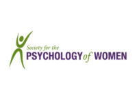 Logo reading "society for the Psychology of Women" in purple and green with an abstract figure of a person with their hands up in the air
