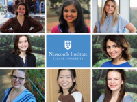 Newcomb Scholars surrounding Newcomb Institute logo