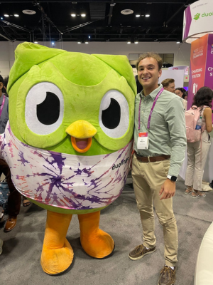 Sam with duolingo bird mascot