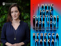 Rebecca Makkai next to the cover of her book