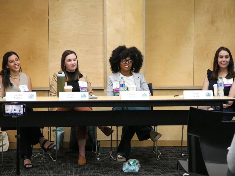 Alison Midollo (B ’16), Amelia Conrad (LA ’13), Raven Ancar (LA ’22), & Jessie Smith (PHTM *10) at a panel discussion during Women Making Waves, an annual women’s leadership conference