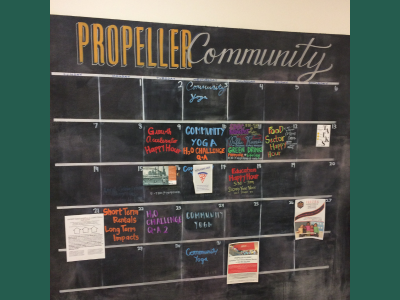 Picture of the community calendar inside of Propeller, the shared workspace where we have our LIFT meetings