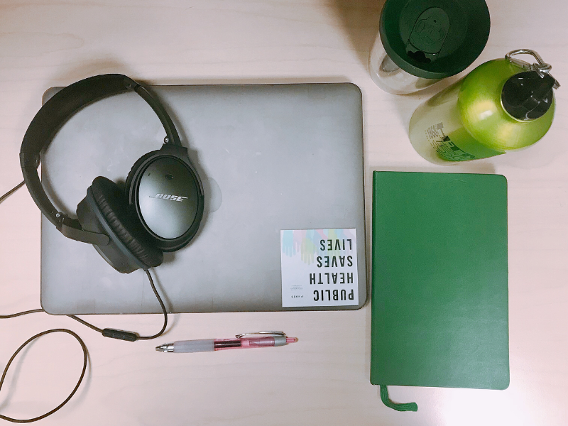 A picture of my workspace–hydration and good tunes to help me through dense research studies!