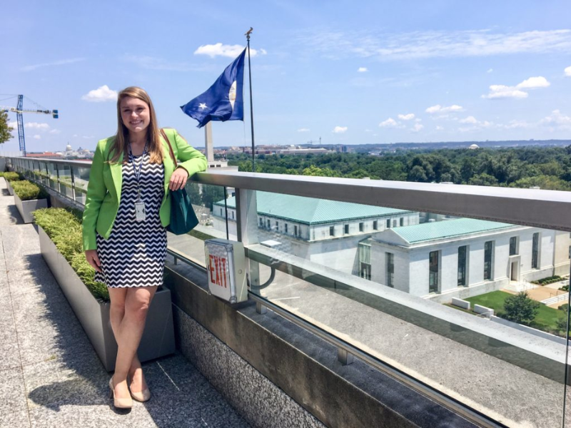 student on the Secretaries of State Terrace after attending an Ambassador’s Confirmation!