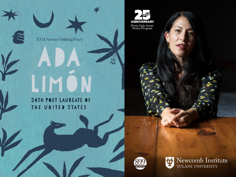 photo of Ada Limón with a cover of her book