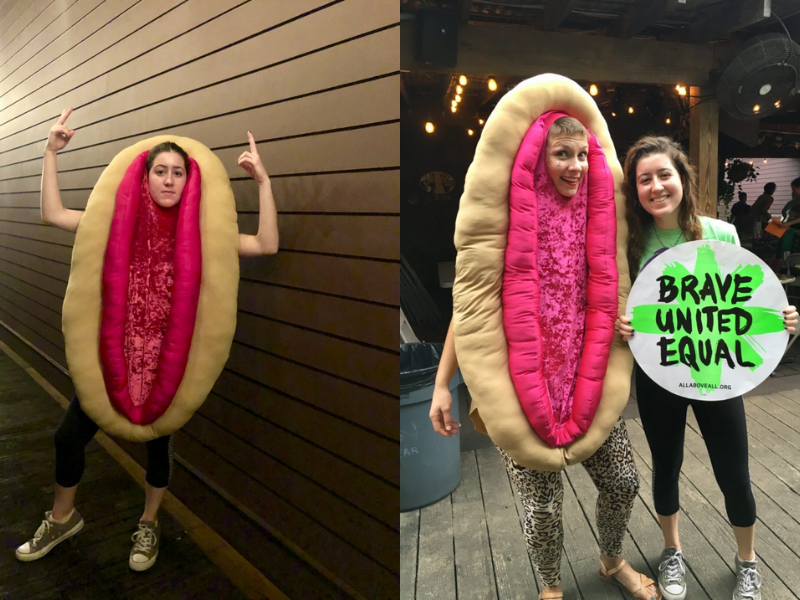 student dressed as vulva at NOAF’s 5th Annual Sex Ed Bingo at Bayou Beer Garden